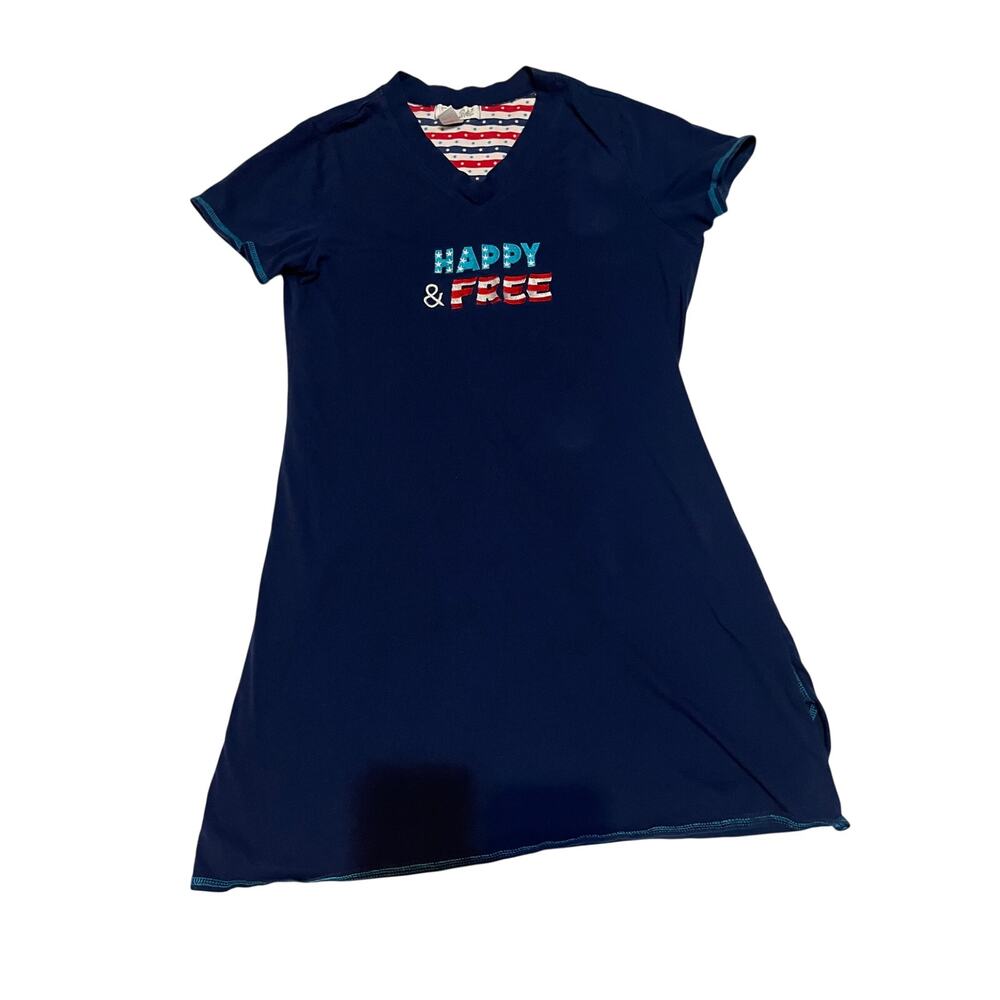 Rene Rofe Patriotic Nightgown Sleep Shirt Dress Navy Blue "Happy & Free" Small